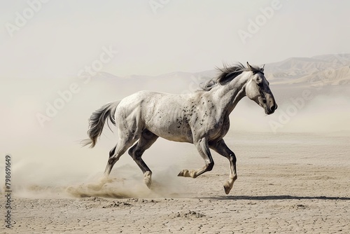 Galloping Grey Horse: Desert's Serene Spectacle of Dust and Freedom