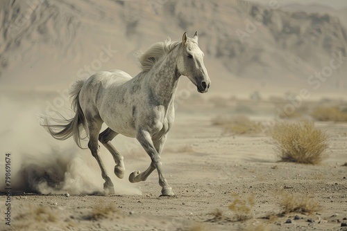 Grey Horse Spectacle  Unleashing Unbridled Beauty in the Desert s Tranquility