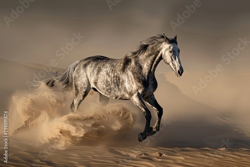 Majestic Grey Horse  Wild Desert Spirit in Rising Sun