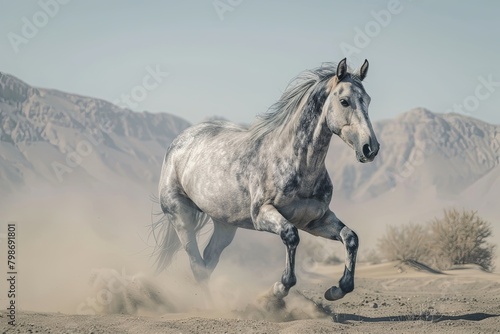 Grey Desert Horse  A Dance of Freedom and Wild Spirit Beneath the Expansive Sky