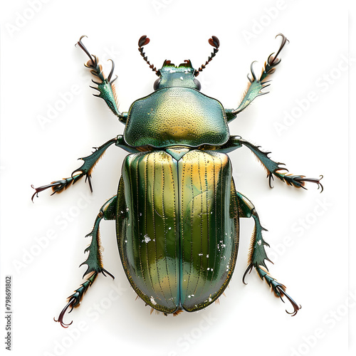 Close-up photo of a green june beetle bug on a white background, suitable for educational and scientific purposes. photo