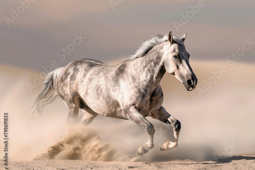 Grey Horse Freedom  Running Wild in Desert Splendor