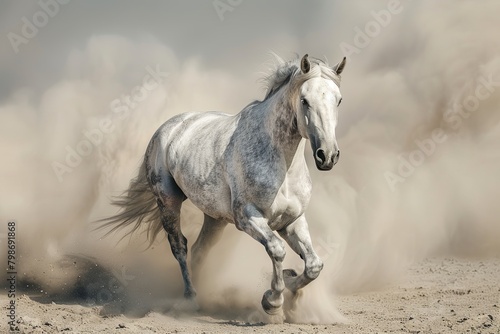 Grey Horse Running Wild in Isolated Desert Beauty