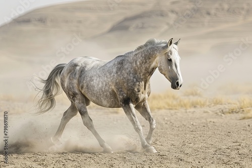 Entwined Freedom: The Majestic Grey Horse Galloping through the Desert Dust