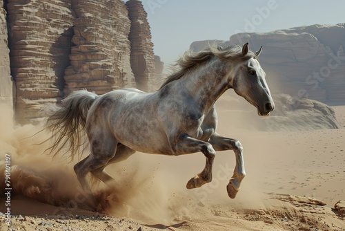 Grey Horse Majesty  Wild Freedom Leap in the Desert Dust Cloud