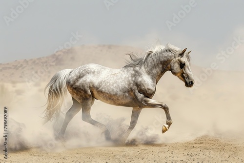 Wild Beauty  Grey Horse Running Free in Isolated Desert