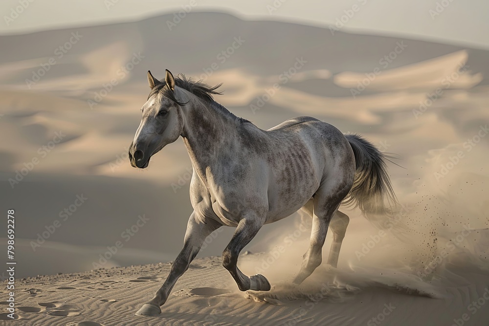 Ghostly Grace: Grey Horse Galloping in the Serene Desert Backdrop Ghostly Grace: Grey Horse Galloping in the Serene Desert Backdrop