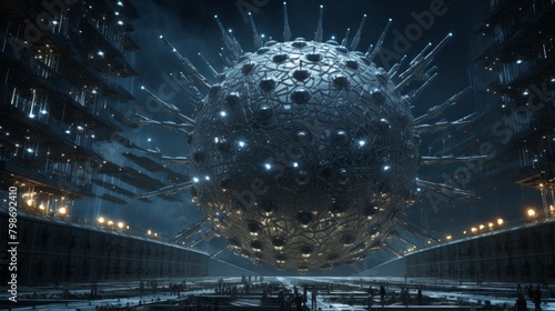Futuristic concept of a Dyson Sphere under construction in outer space  depicting advanced technology
