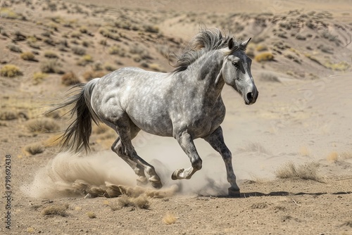 Galloping Spirit: Grey Horse Embodying Freedom in the Desert