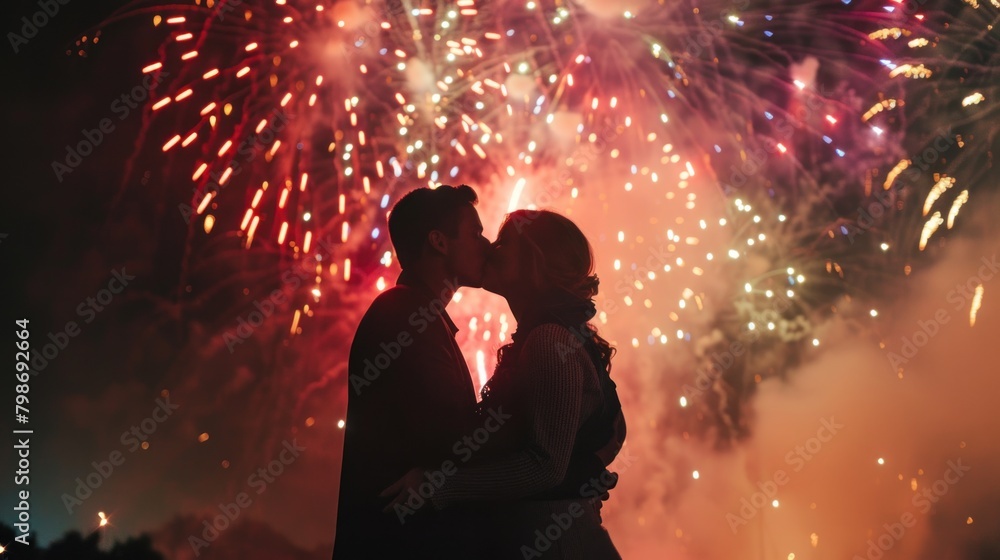 A couple kissing under a shower of fireworks during 4th of July celebrations. 