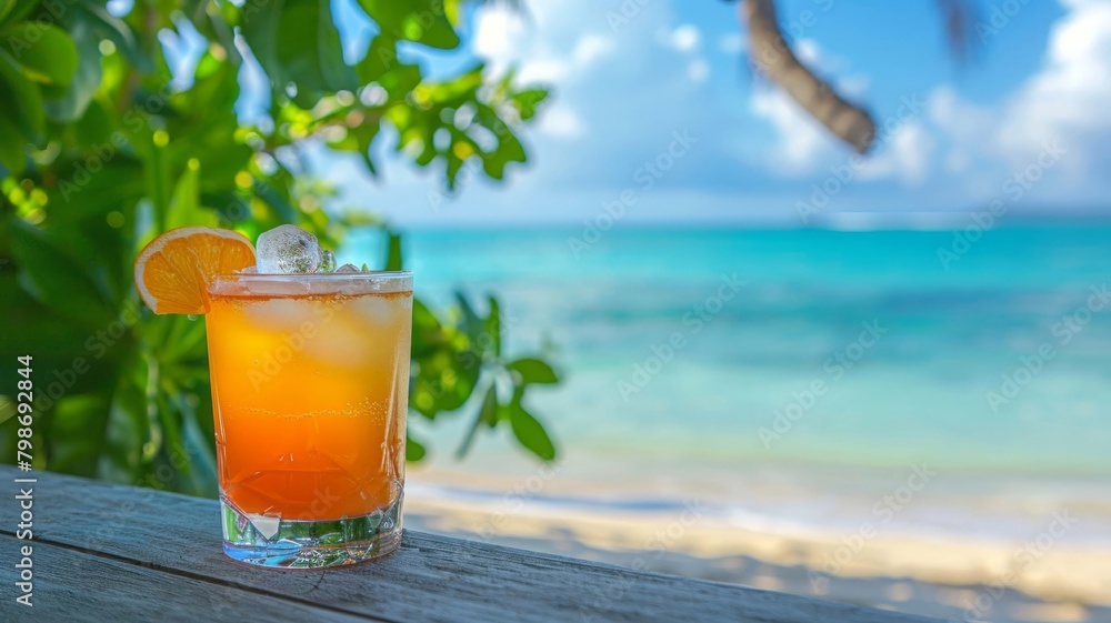 fresh juicy orange juice on the seashore selective focus fresh juicy orange juice on the seashore selective focus
