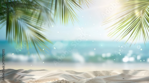 Serene summer beach scene with palm leaves, sand, and sea, Tropical beach with white sand and palm trees. Seascape. Generated AI