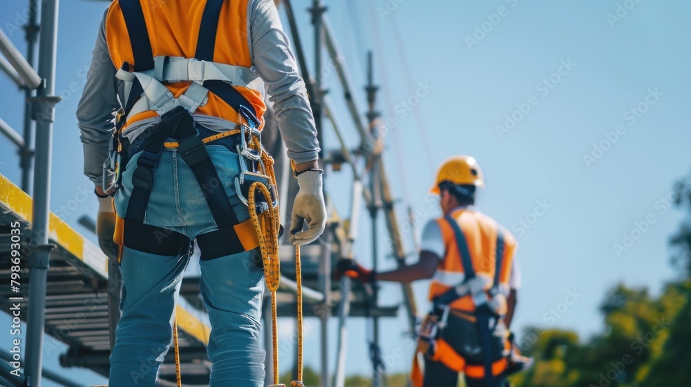 Workers using safety harnesses while working at heights. Workers using safety harnesses while working at heights.