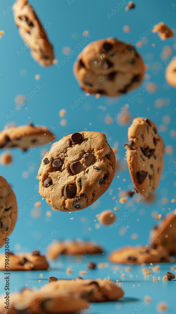 Floating chocolate chip cookies captured in food photography style against a sky blue studio backdrop, offering a whimsical and appetizing visual.
Floating chocolate chip cookies captured in food photography style against a sky blue studio backdrop, offering a whimsical and appetizing visual.