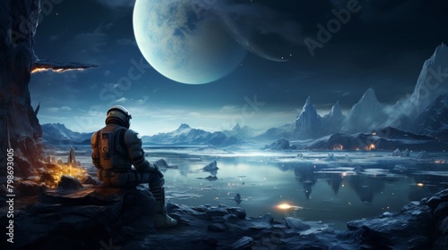 Lone astronaut observing a stunning lunar landscape on a mysterious, icy planet