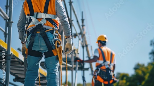 Workers using safety harnesses while working at heights. 
