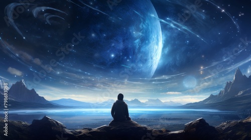 Man sitting on a rock overlooks a stunning alien landscape with giant planets and stars
