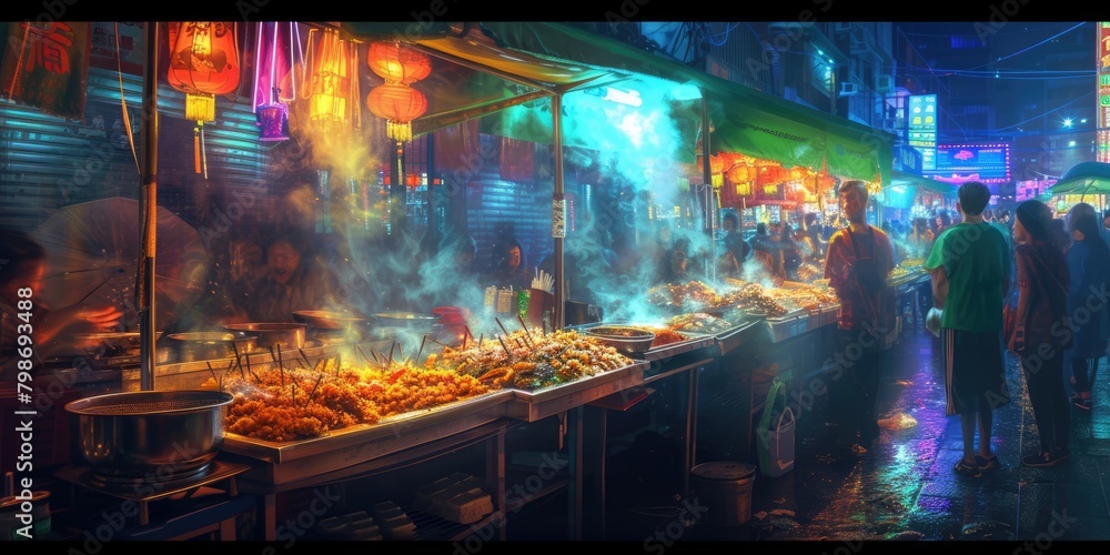 Hot grilled tradition chinese street food placed on food stall with smoke and surrounded by diverse people walking at night market with neon light and blurring background. Tourism concept. AIG42.
