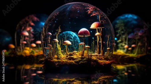 Glowing miniature mushroom forest inside a glass dome, a magical fantasy concept