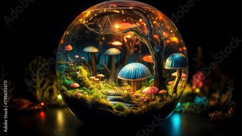 Glowing miniature mushroom forest inside a glass dome, a magical fantasy concept