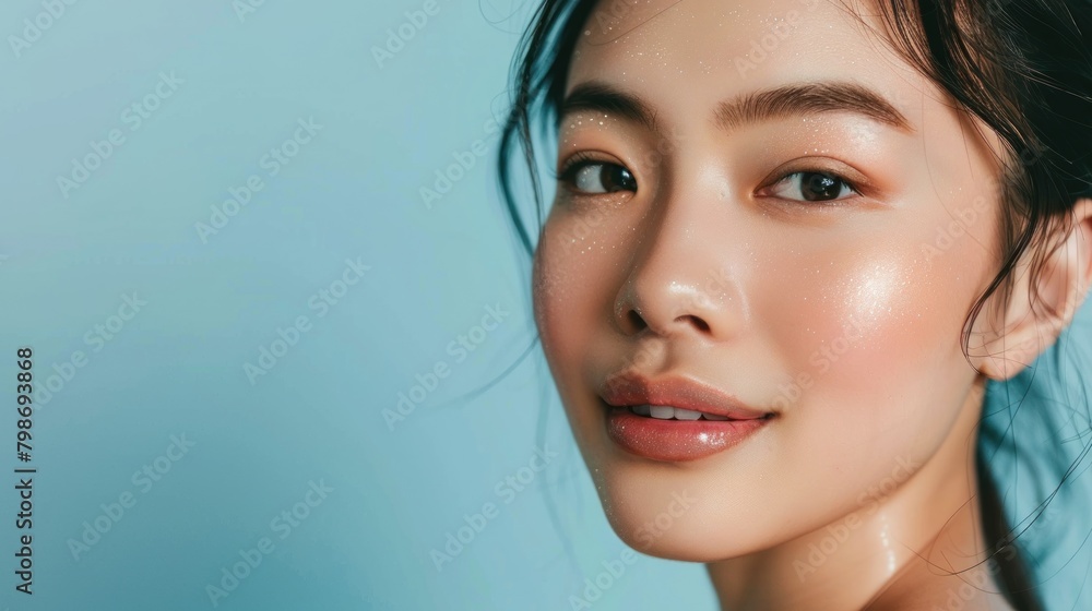 An Asian woman with a natural, dewy complexion, emphasizing the benefits of hydrating skincare. An Asian woman with a natural, dewy complexion, emphasizing the benefits of hydrating skincare.
