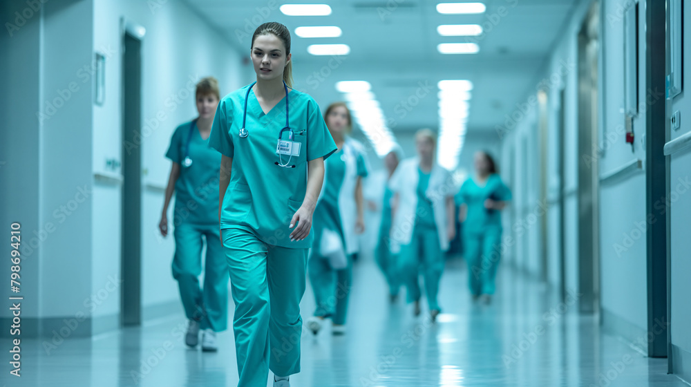 Healthcare professionals in motion, urgency in a sterile hospital corridor. Medical staff in a hurry. Healthcare professionals in motion, urgency in a sterile hospital corridor. Medical staff in a hurry.
