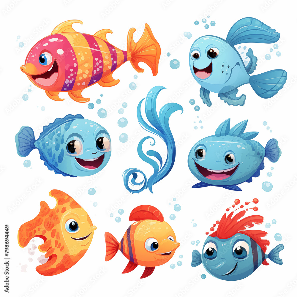 Fototapeta premium Set of pictures of cute fish cartoons in the sea.