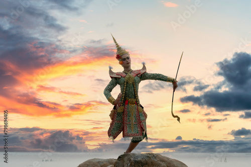 Khon is a dance drama genre from Thailand. Khon is traditional dance drama art of Thai classical masked, Scene of performance is Ramayana epic. photo