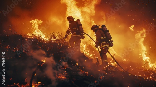Firefighters in protective gear working in unison to extinguish a massive fire, the glow of the flames reflecting their determination. © Sasint