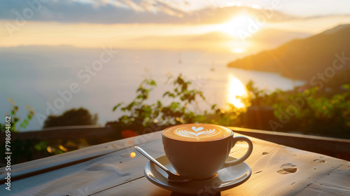 A white coffee cup with a heart design sits on a wooden table overlooking a body of water. The sun is setting, casting a warm glow over the scene. The cup is filled with coffee