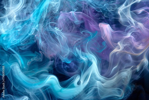 Vibrant Blue Purple Smoke Swirls on Slate Black Canvas with Ethereal Silver Glimmers
