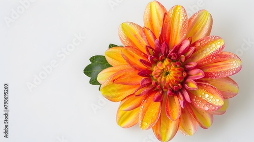 Vivid Chrysanthemum Flower with Dew on Petals Against White Background