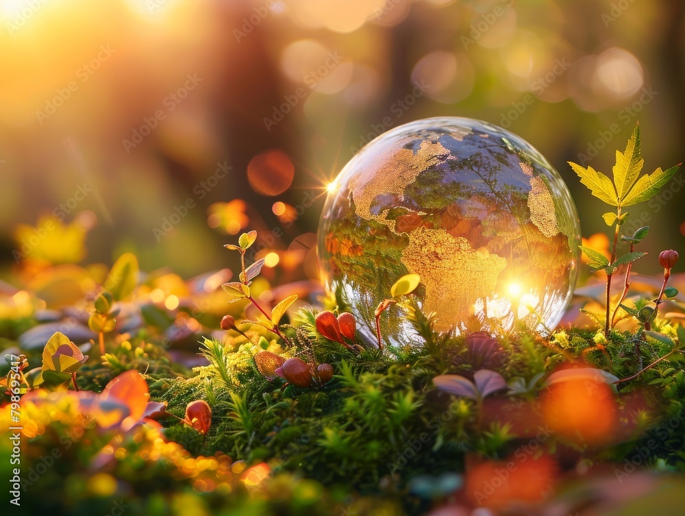 A crystal globe sits in a bed of moss in a sunlit forest.