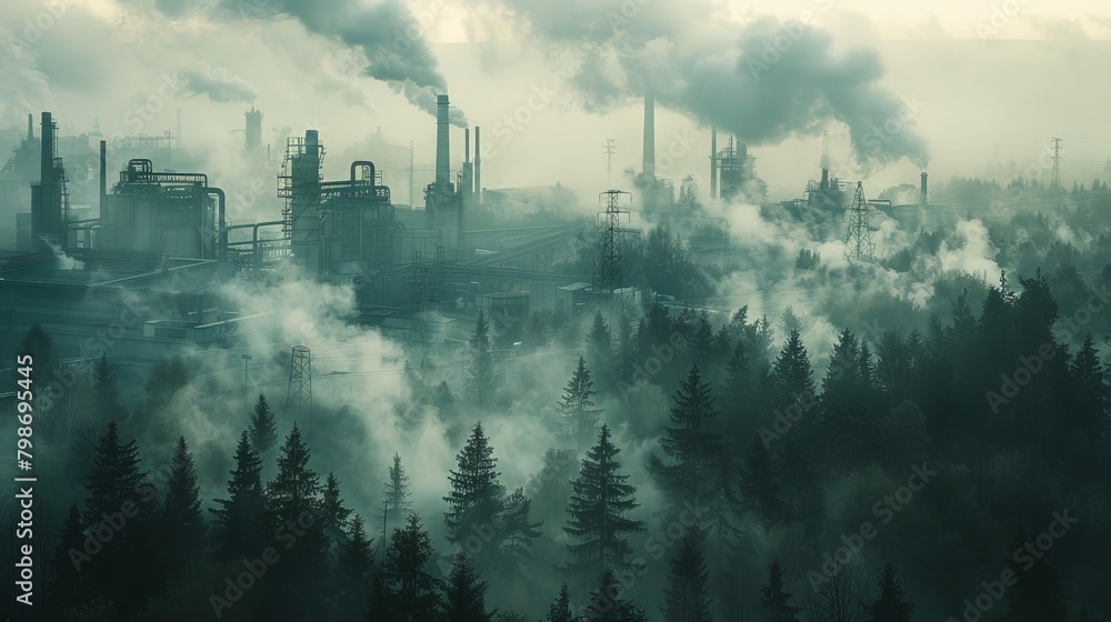 Contrast of Industrial Emissions and Natural Forest Under Foggy Skies