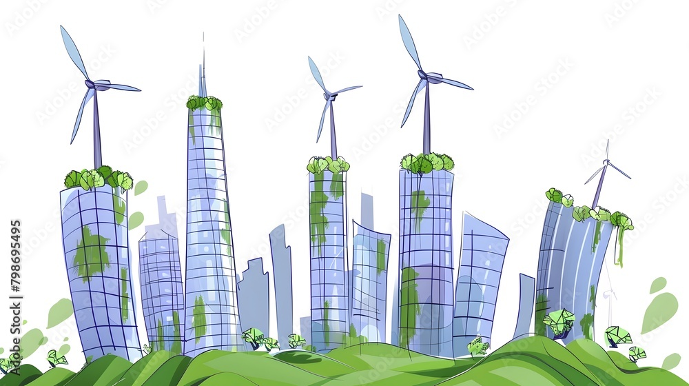 Futuristic Eco-Friendly Green Cityscape with Renewable Wind Turbines and Lush Vegetation