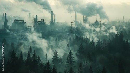 Contrast of Industrial Emissions and Natural Forest Under Foggy Skies