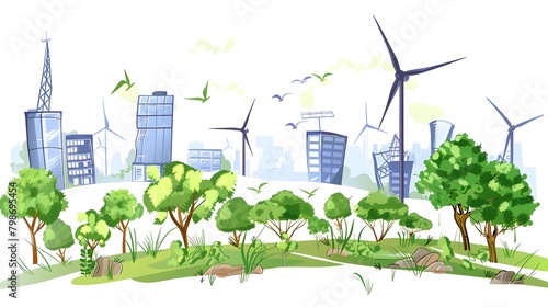 Vibrant Urban Environment Powered Entirely by Wind Energy with Integrated Turbines and Lush City