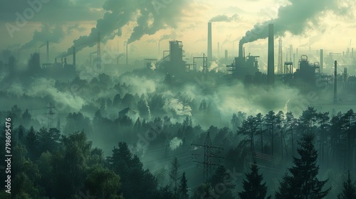 A factory in the middle of a forest is polluting the air. photo