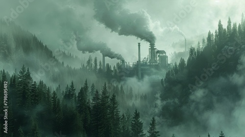 Industrial Smokestacks Emitting Pollution Over Forest at Dawn