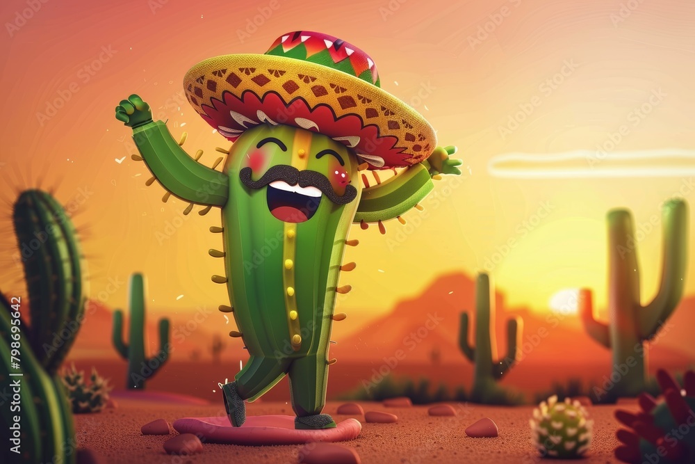 Animated cactus character with sombrero in desert sunset Cinco De Mayo Animated cactus character with sombrero in desert sunset Cinco De Mayo