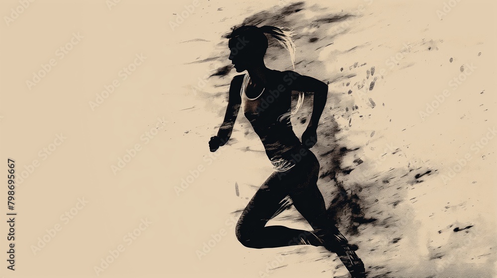 Silhouette of a sporty running woman taking part in sport competitions on light neutral background