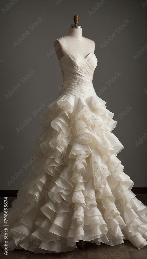 Modern Elegance: Ruffled Skirt Bridal Dress on a Full Body Mannequin Modern Elegance: Ruffled Skirt Bridal Dress on a Full Body Mannequin