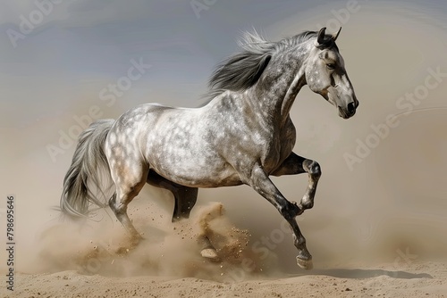 White Equine Majesty  Grey Horse Rearing in the Desert Dust