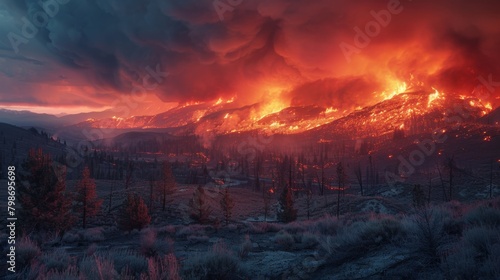A raging wildfire burns through a forest at night, casting an orange glow on the landscape.