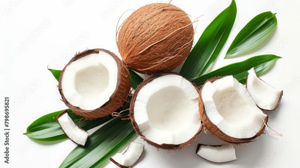 Coconuts with leaves on a white background, selective focus, Generative AI, Coconuts with leaves on a white background, selective focus, Generative AI,