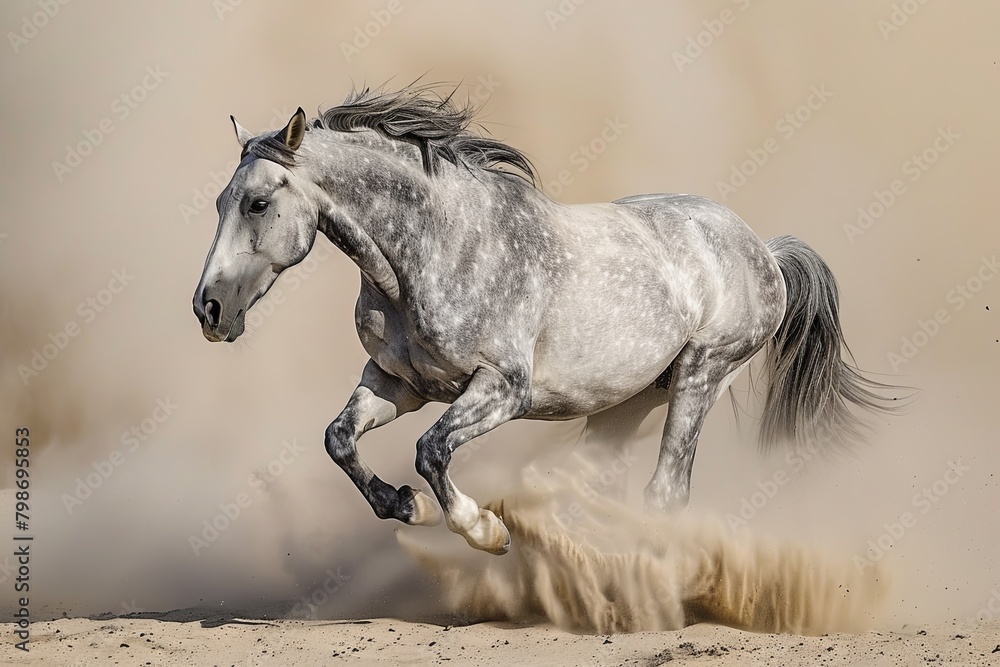 Majestic Grey Stallion: Desert Power Display - obrazy, fototapety, plakaty 