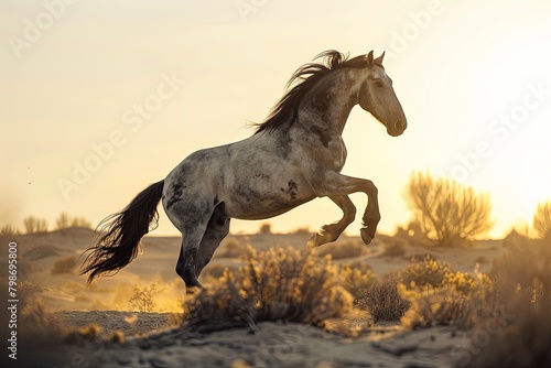 Majestic Grey Wild Horse  Rearing Silhouette in Desert Sunrise  A Tale of Freedom and Power