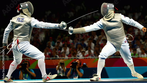 Scherma, sport olimpico. Due schermidori si affrontano in competizione. Olimpiadi per medaglia e vittoria. photo