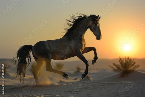 Majestic Rearing Wild Horse  Grey Silhouette at Sunrise in Desert