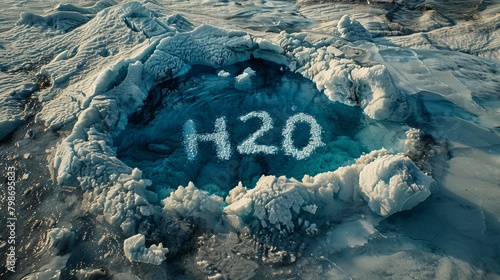 Frozen letters H2O in the middle of the cracked ice photo